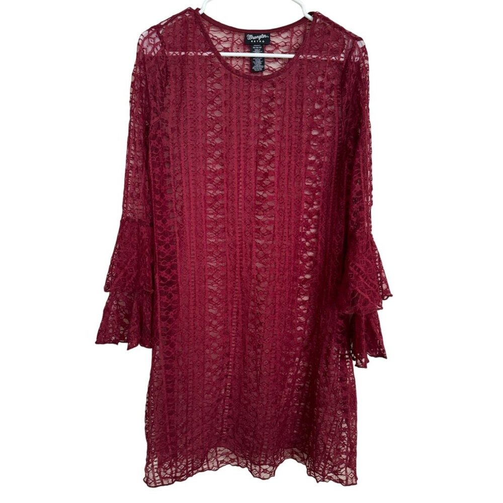 Wrangler Retro‎ Burgundy Lace Long Sleeve Bell Sleeve Sheer Shift Dress M  C1
